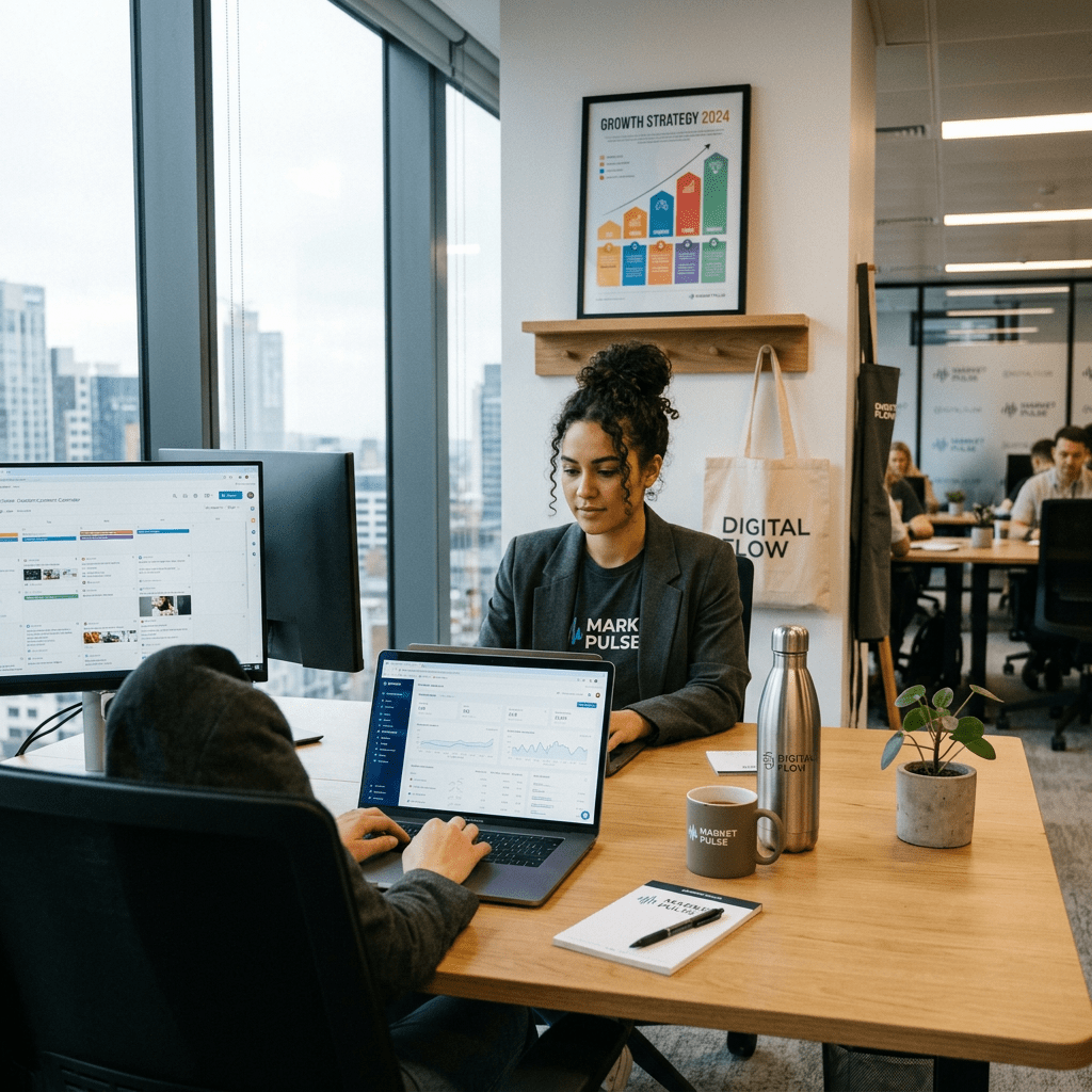 Two professionals working on laptops with marketing analytics in a bright office space.